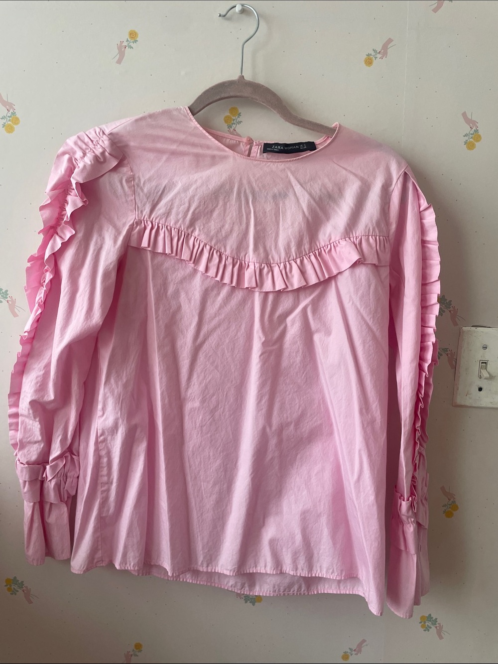 Zara Light Pink Ruffle Long-Sleeve Blouse